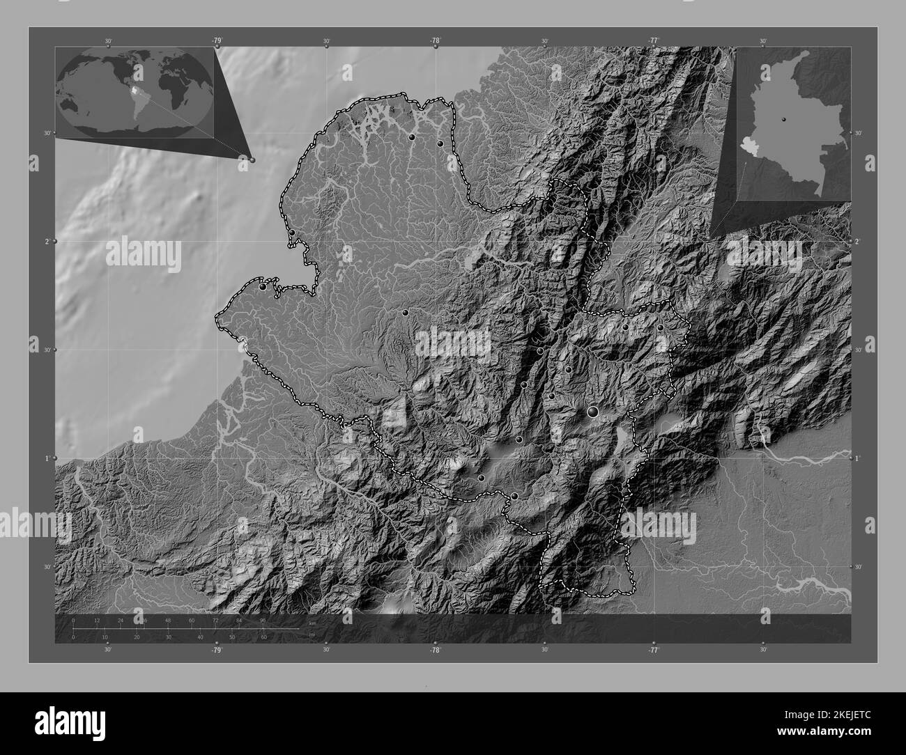 Narino, department of Colombia. Bilevel elevation map with lakes and rivers. Locations of major cities of the region. Corner auxiliary location maps Stock Photo