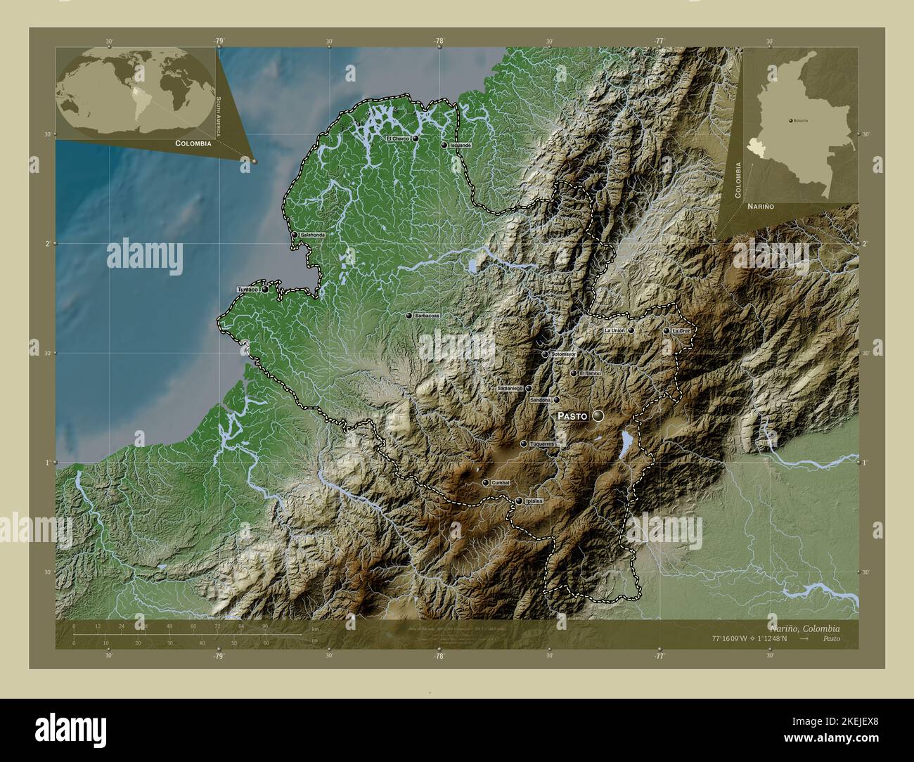 Narino, department of Colombia. Elevation map colored in wiki style with lakes and rivers. Locations and names of major cities of the region. Corner a Stock Photo