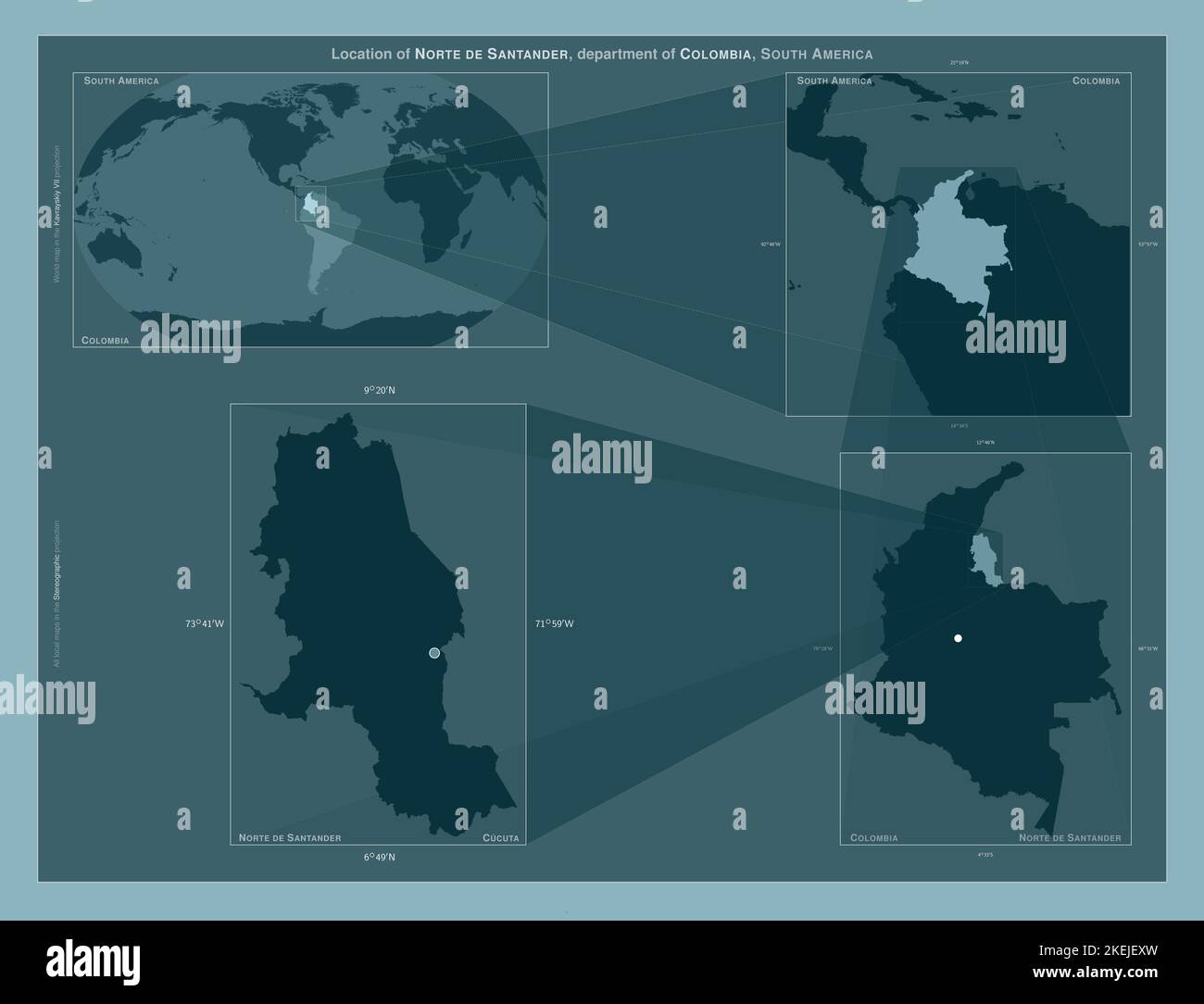 Norte de Santander, department of Colombia. Diagram showing the location of the region on larger-scale maps. Composition of vector frames and PNG shap Stock Photo