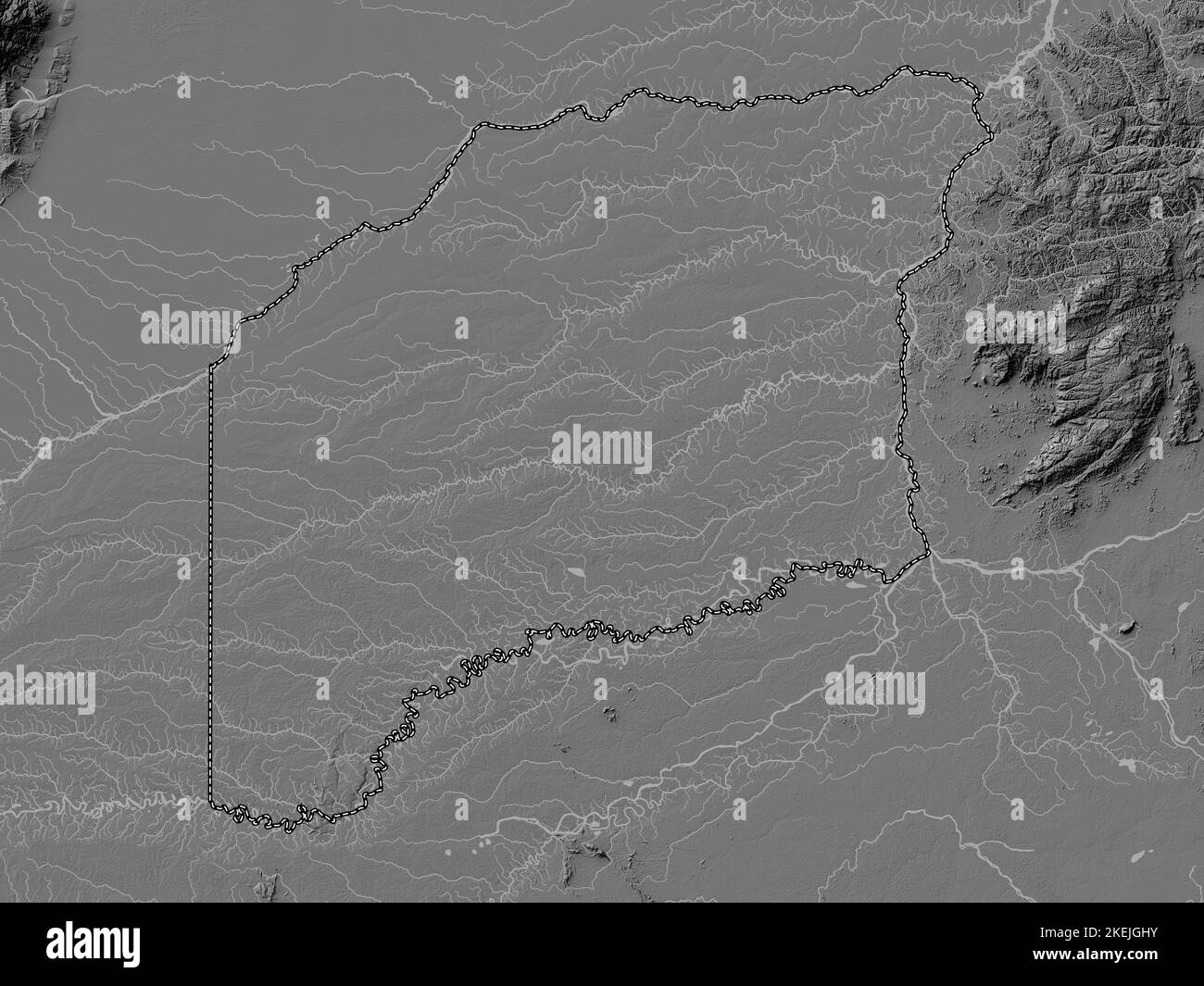Vichada, commissiary of Colombia. Bilevel elevation map with lakes and rivers Stock Photo