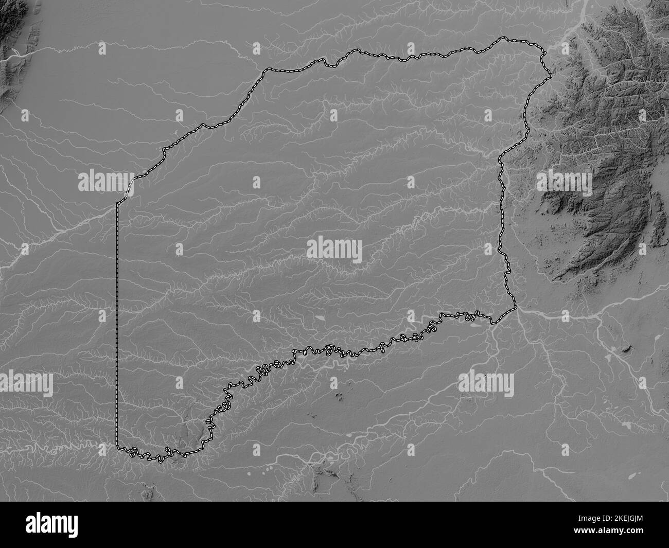 Vichada, commissiary of Colombia. Grayscale elevation map with lakes and rivers Stock Photo