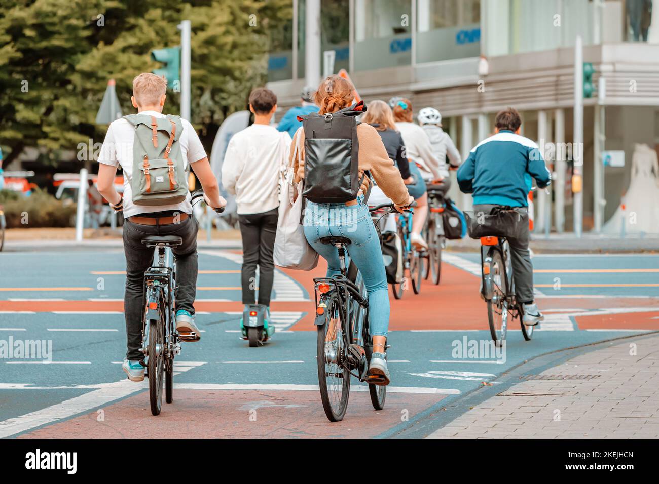26 July 2022, Munster, Germany Many Cyclists cross the street and the