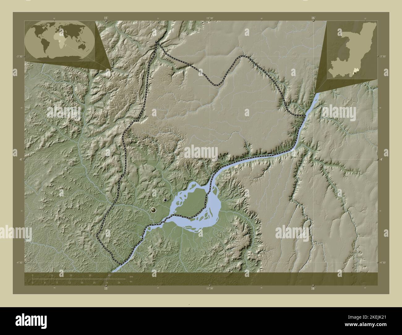 Brazzaville, region of Republic of Congo. Elevation map colored in wiki style with lakes and rivers. Locations of major cities of the region. Corner a Stock Photo