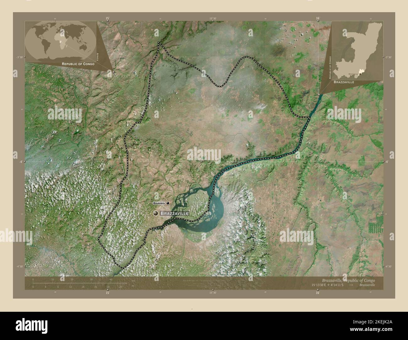 Brazzaville, region of Republic of Congo. High resolution satellite map. Locations and names of major cities of the region. Corner auxiliary location Stock Photo