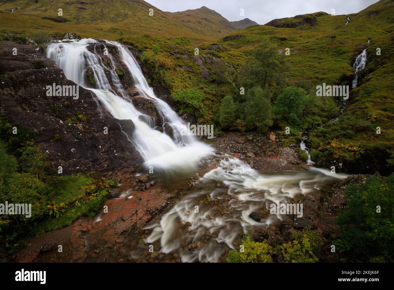 The Meeting of three waters at the foot of The Three Sisters of Glencoe, Scotland, UK Stock Photo
