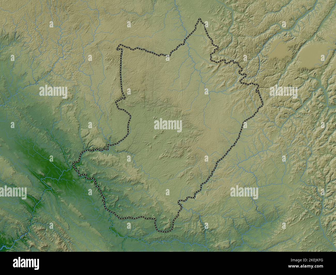 Lekoumou, region of Republic of Congo. Colored elevation map with lakes and rivers Stock Photo