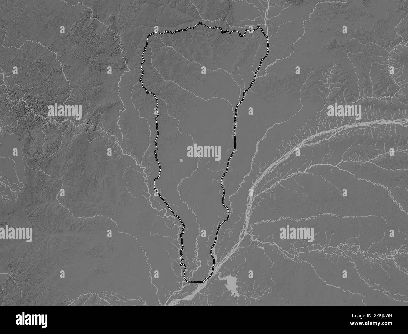 Likouala, region of Republic of Congo. Grayscale elevation map with lakes and rivers Stock Photo