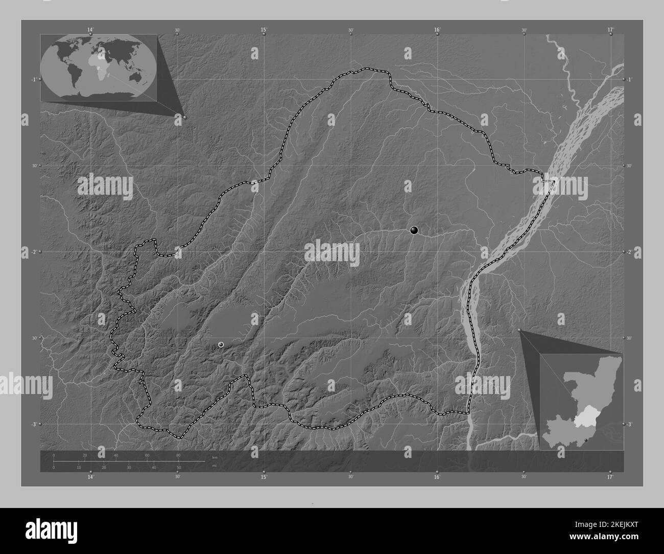 Plateaux, region of Republic of Congo. Grayscale elevation map with lakes and rivers. Locations of major cities of the region. Corner auxiliary locati Stock Photo