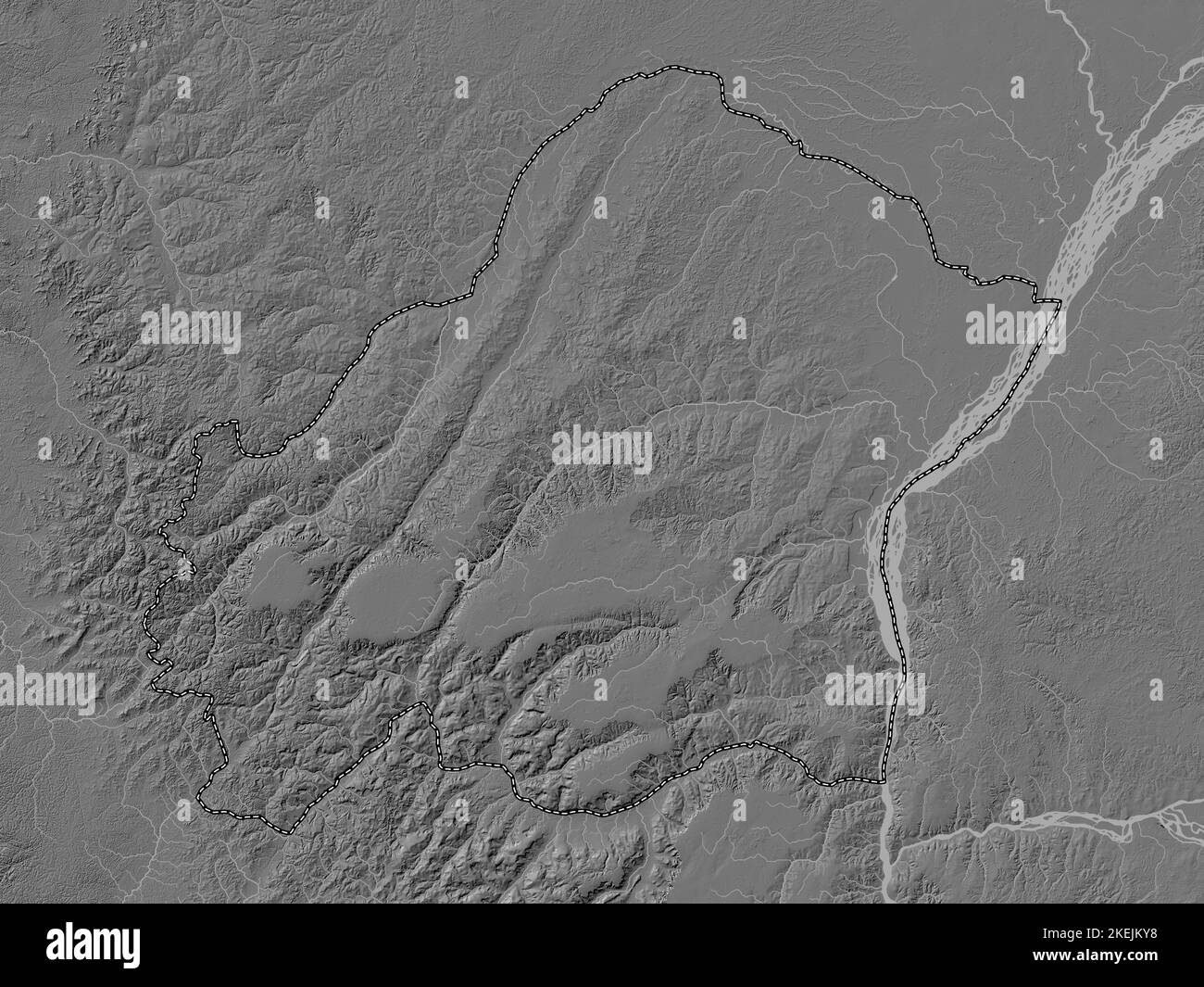 Plateaux, region of Republic of Congo. Bilevel elevation map with lakes
