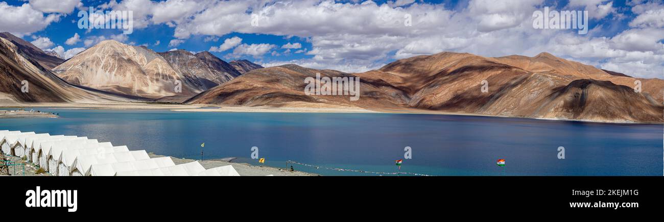 Pangaong Tso Lake high in Himalayas in Ladakh region of India. It is famous for changing hues of blue visible during different times of the day. Stock Photo