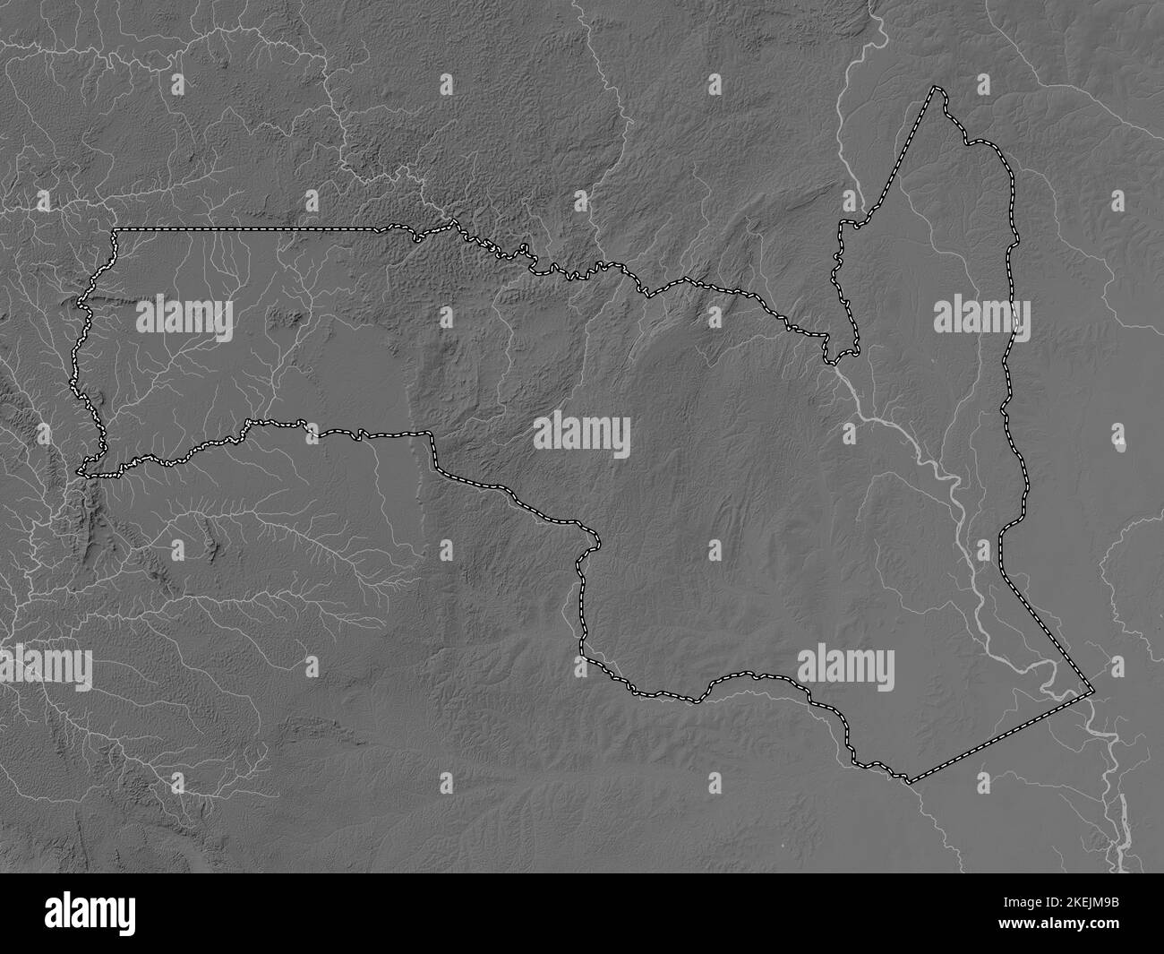 Sangha, region of Republic of Congo. Grayscale elevation map with lakes