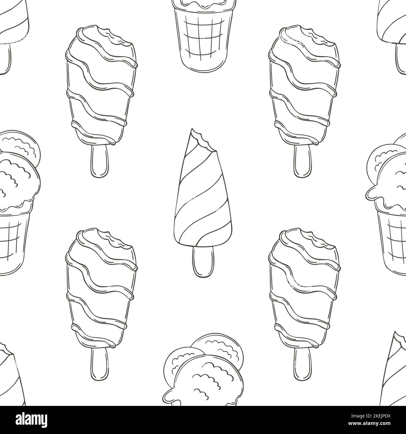 Summer. Coloring ice cream seamless pattern. Wonderful bright pattern with a cold dessert. Print Stock Vector