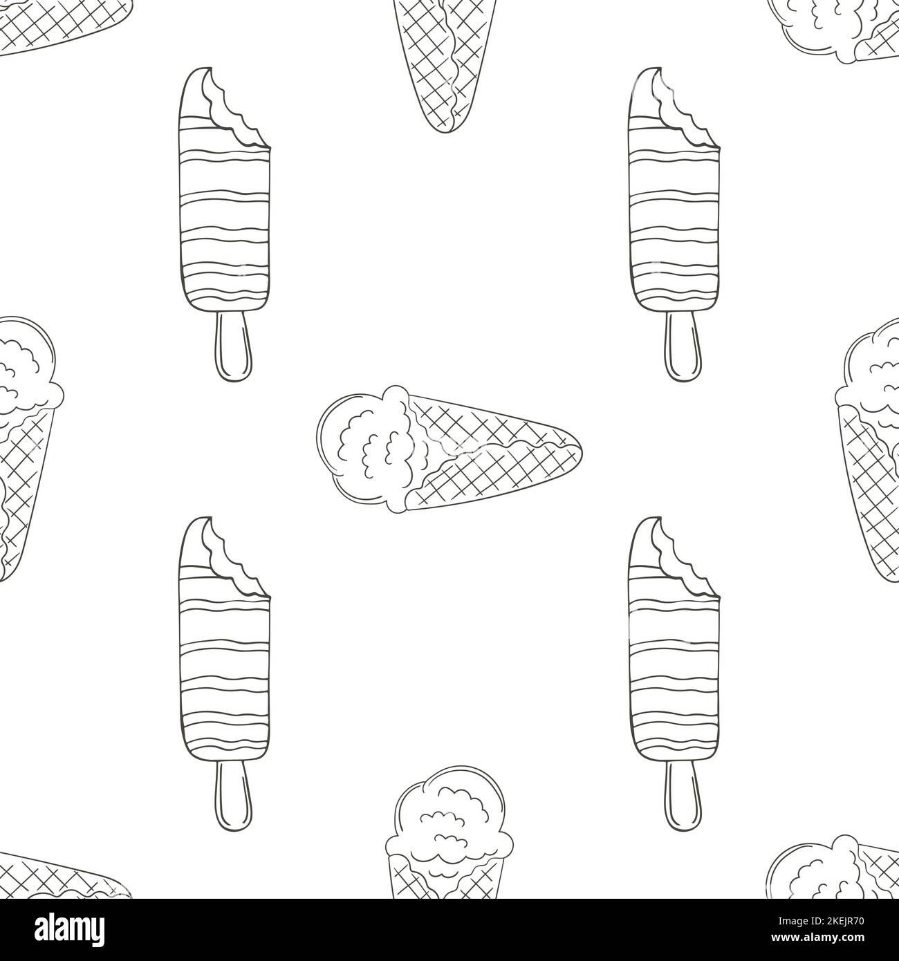 Summer. Coloring ice cream seamless pattern. Wonderful bright pattern with sweet cold dessert. Print for cloth design, textile, fabric, wallpaper Stock Vector