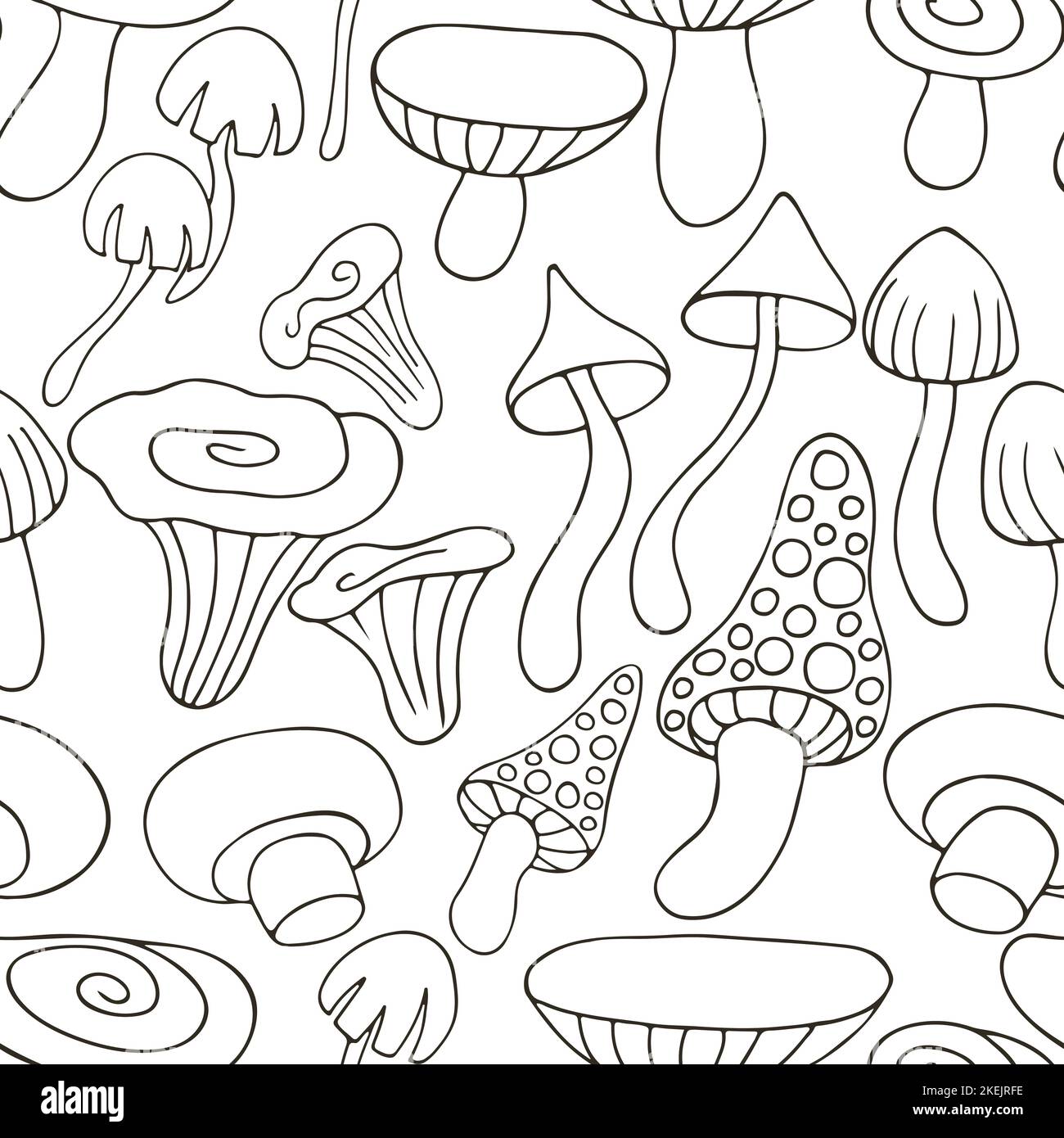 Mushroom autumn mood. Illustration in hand draw style. Seamless pattern with forest mushrooms. Can be used for fabric, packaging, wrapping and etc Stock Vector