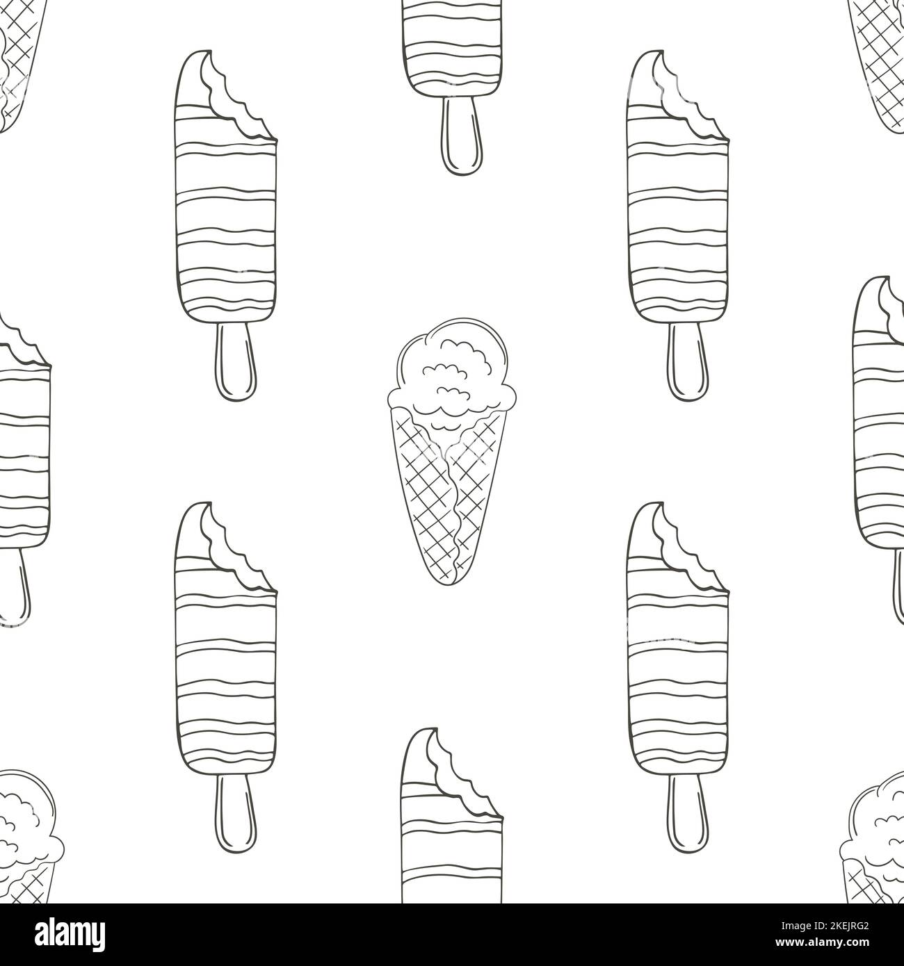 Summer. Coloring ice cream seamless pattern. Wonderful bright pattern with sweet cold dessert. Print for cloth design, textile, fabric, wallpaper, wra Stock Vector