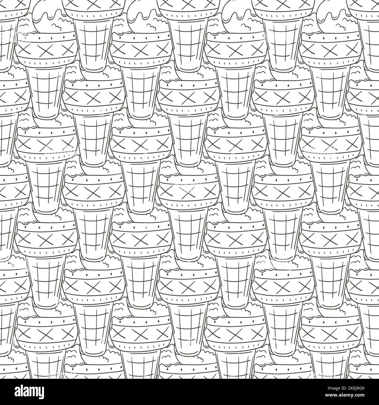 Coloring ice cream in waffle cones seamless pattern. Summer. Wonderful pattern with cold dessert. Print for cloth design, textile Stock Vector
