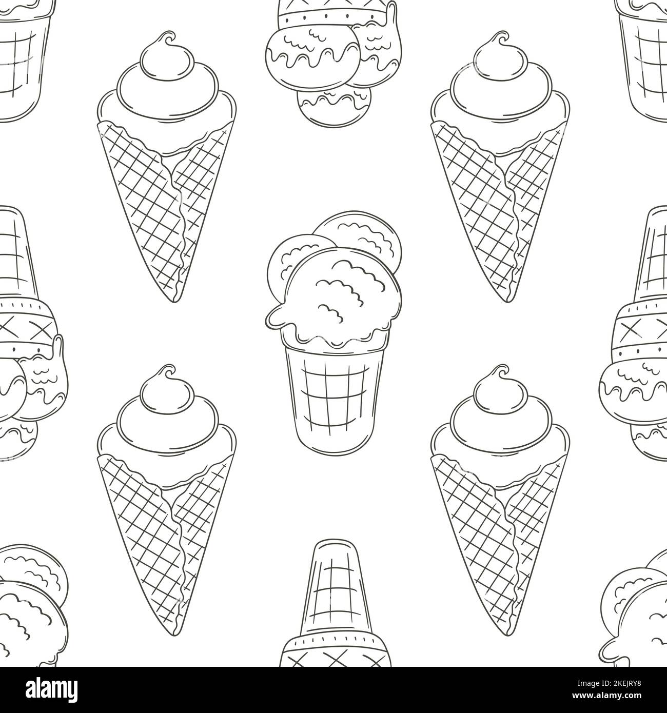 Cute ice cream in waffle cones seamless pattern. Wonderful pattern with cold dessert. Summer. Print for cloth design Stock Vector