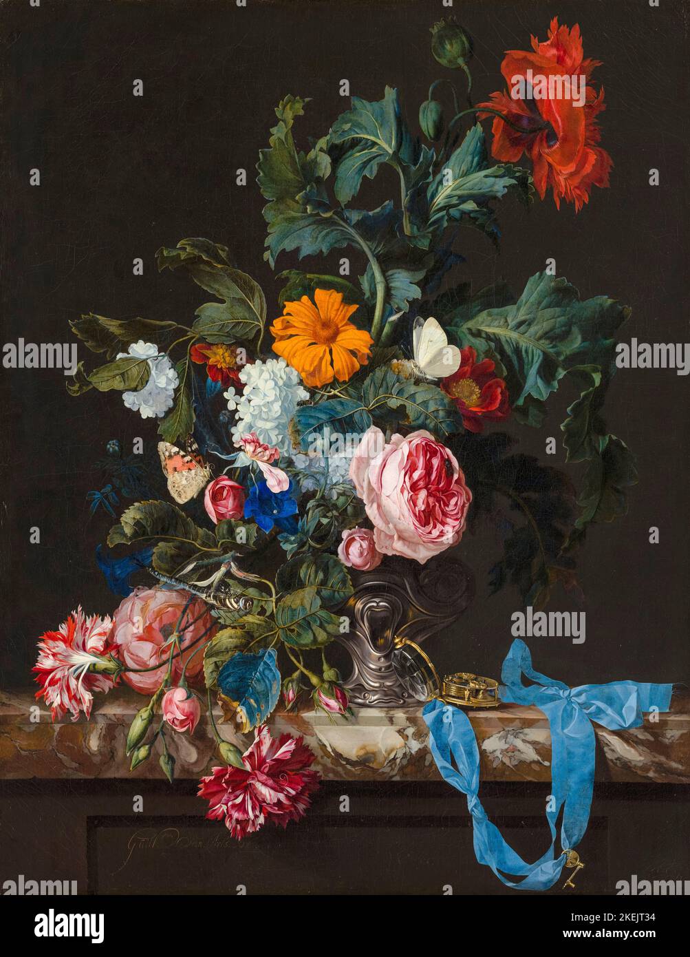 Willem van Aelst painting, Flower Still Life with a Timepiece, oil on canvas, 1663 Stock Photo