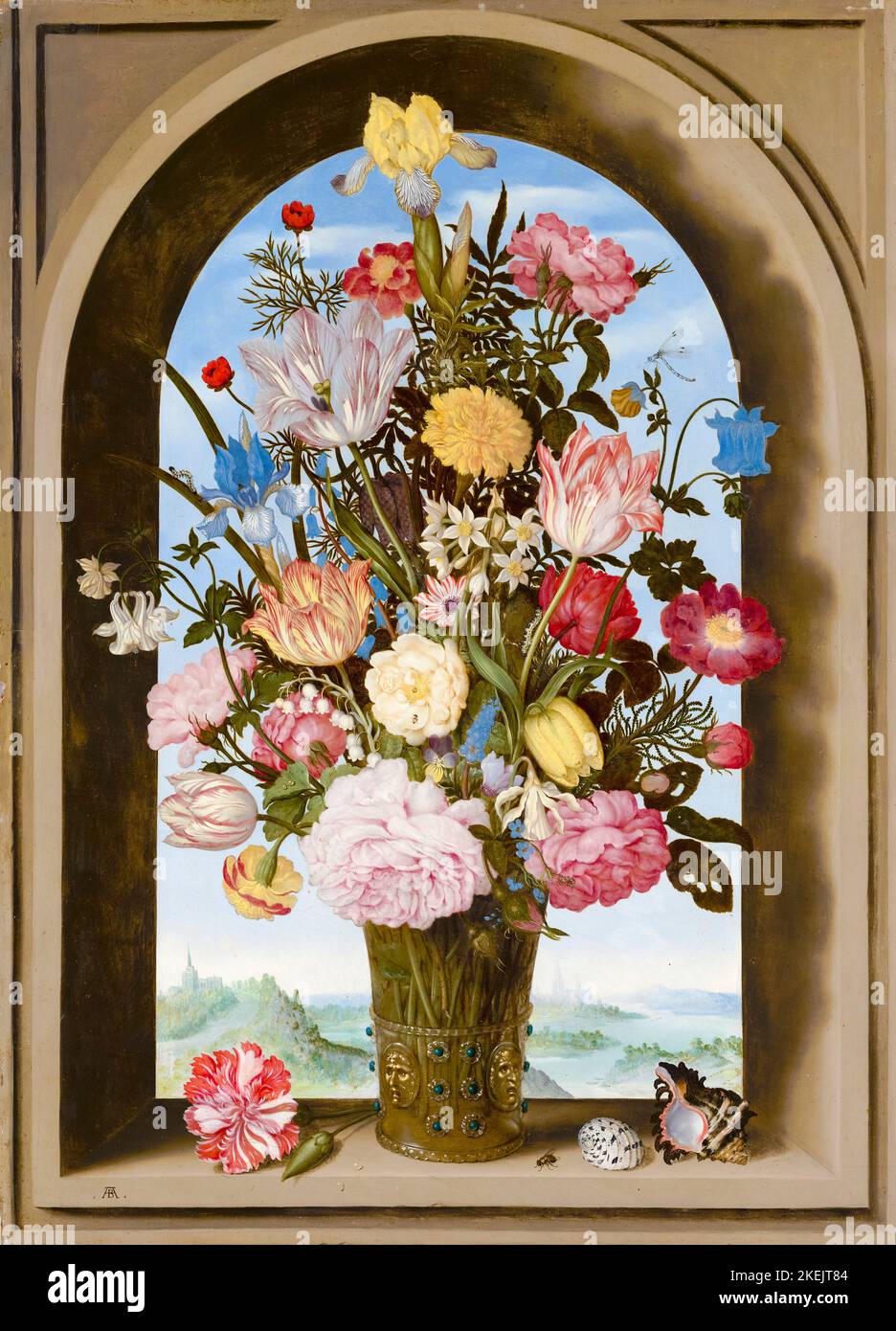 Ambrosius Bosschaert still life painting, Vase of Flowers in a Window, oil on panel, 1618 Stock Photo