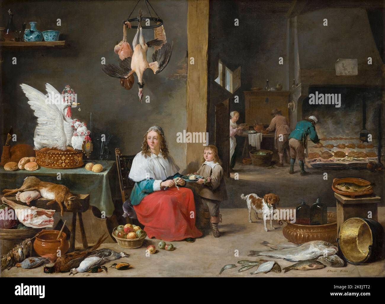 David Teniers the Younger painting, Kitchen Interior, oil on copper, 1644 Stock Photo