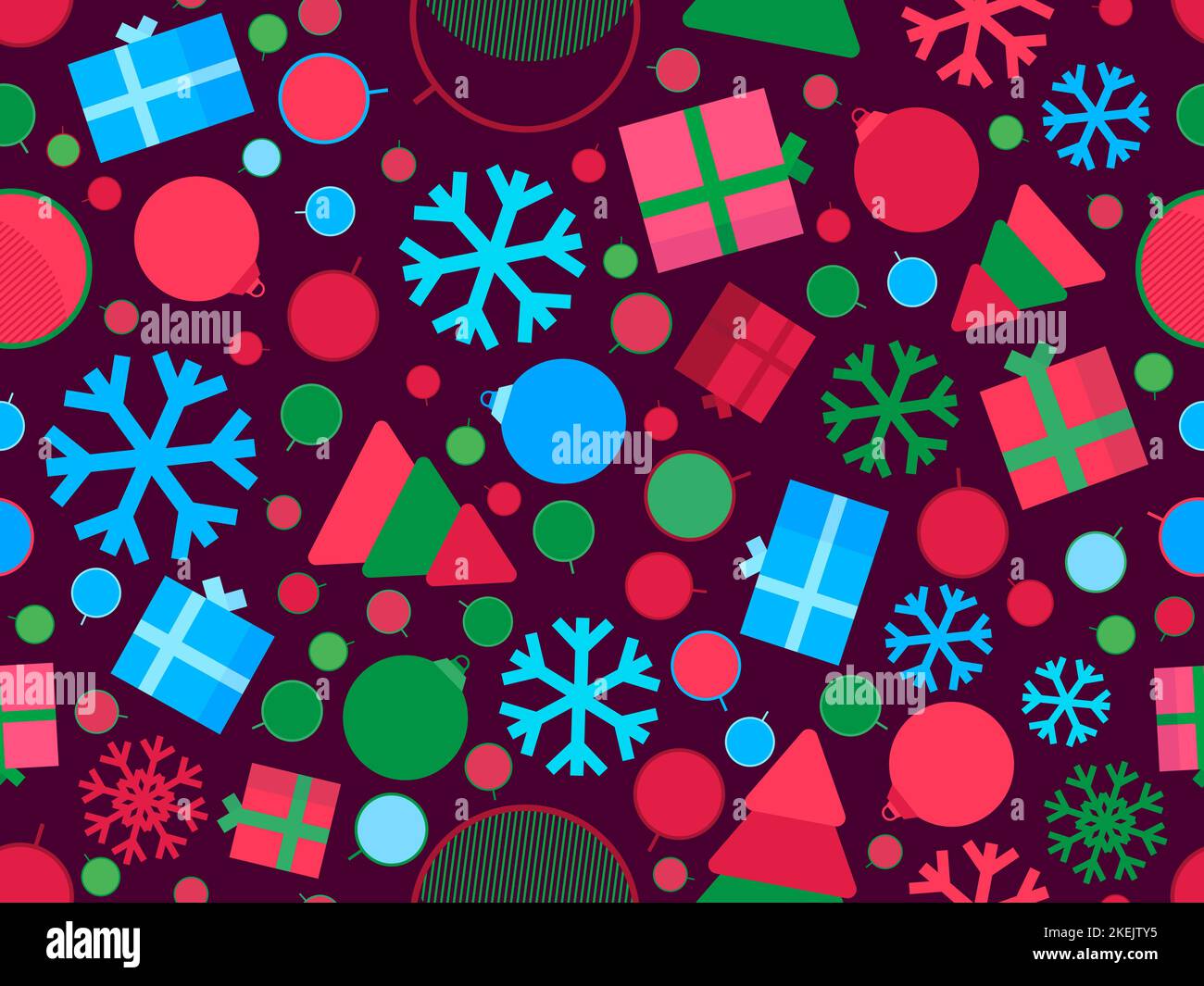 Christmas seamless pattern with geometric Christmas balls, snowflakes and 3d gift boxes. Xmas design for printing on promotional material, wrapping pa Stock Vector