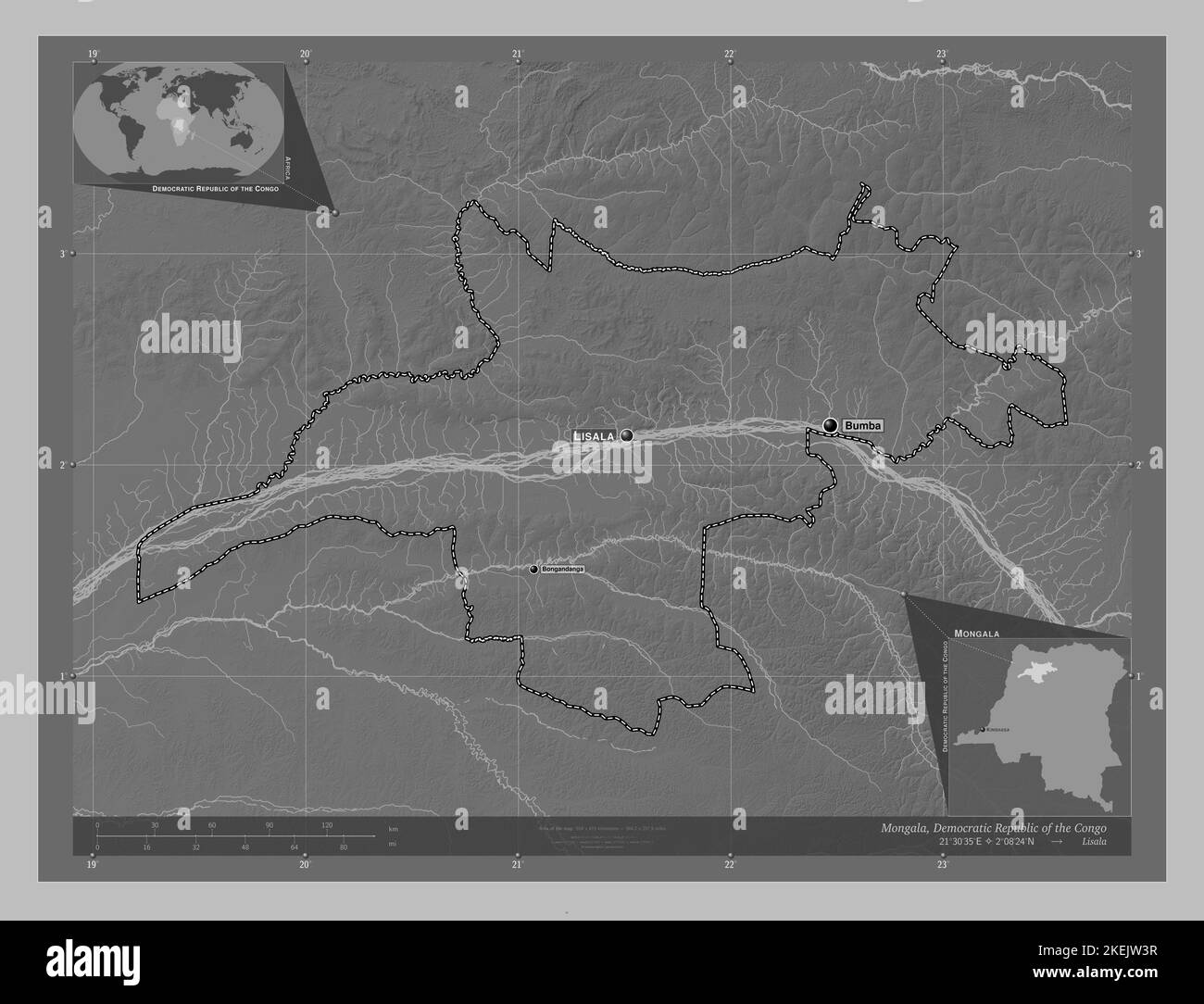 Mongala, province of Democratic Republic of the Congo. Grayscale ...