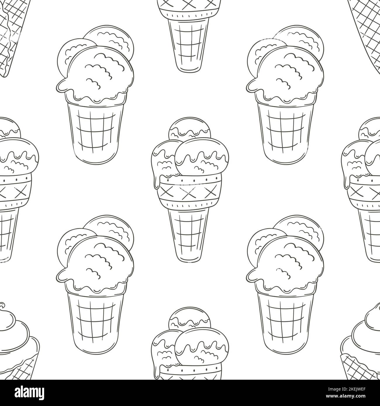 Coloring ice cream in waffle cones seamless pattern. Wonderful pattern with cold dessert. Summer. Print for design Stock Vector