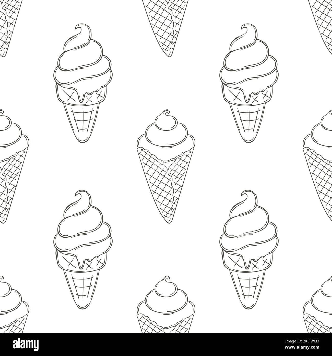 Coloring ice cream in waffle cones seamless pattern. Summer. Wonderful pattern with cold dessert. Print Stock Vector