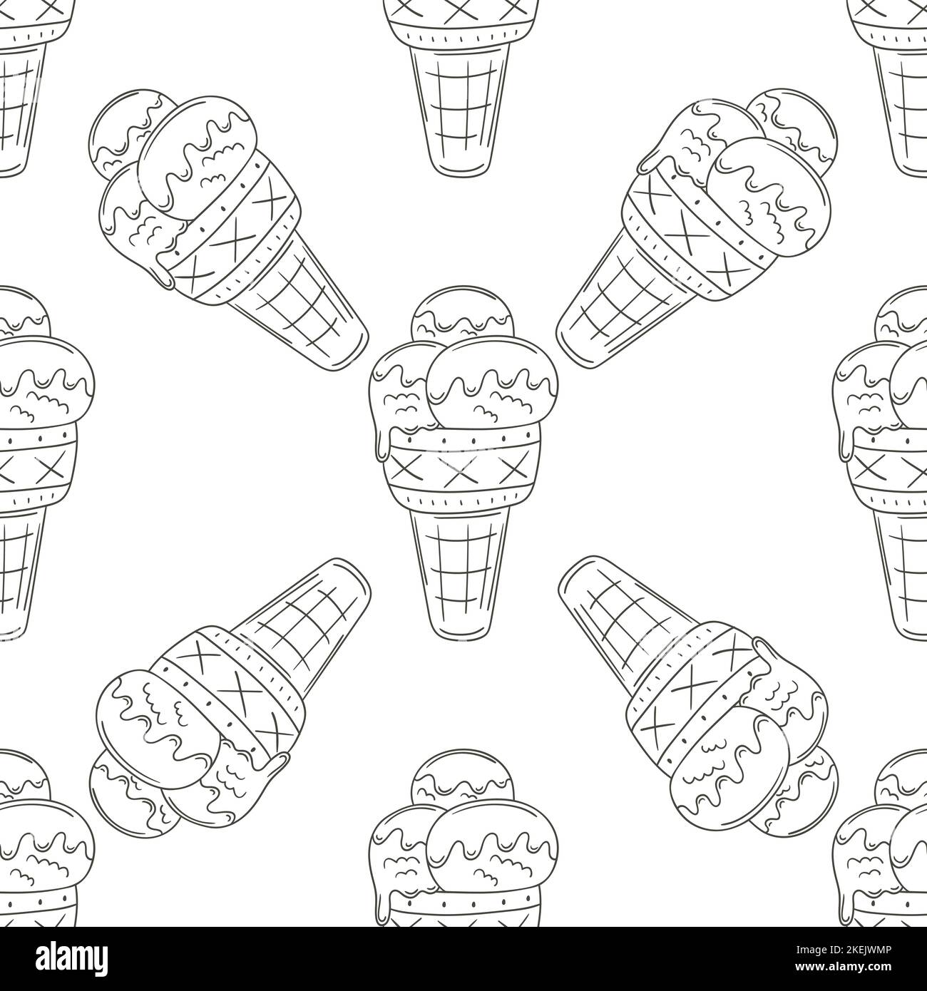Coloring ice cream in waffle cones seamless pattern. Summer. Wonderful pattern with cold dessert. Print for cloth design, textile, fabric, wallpaper, Stock Vector