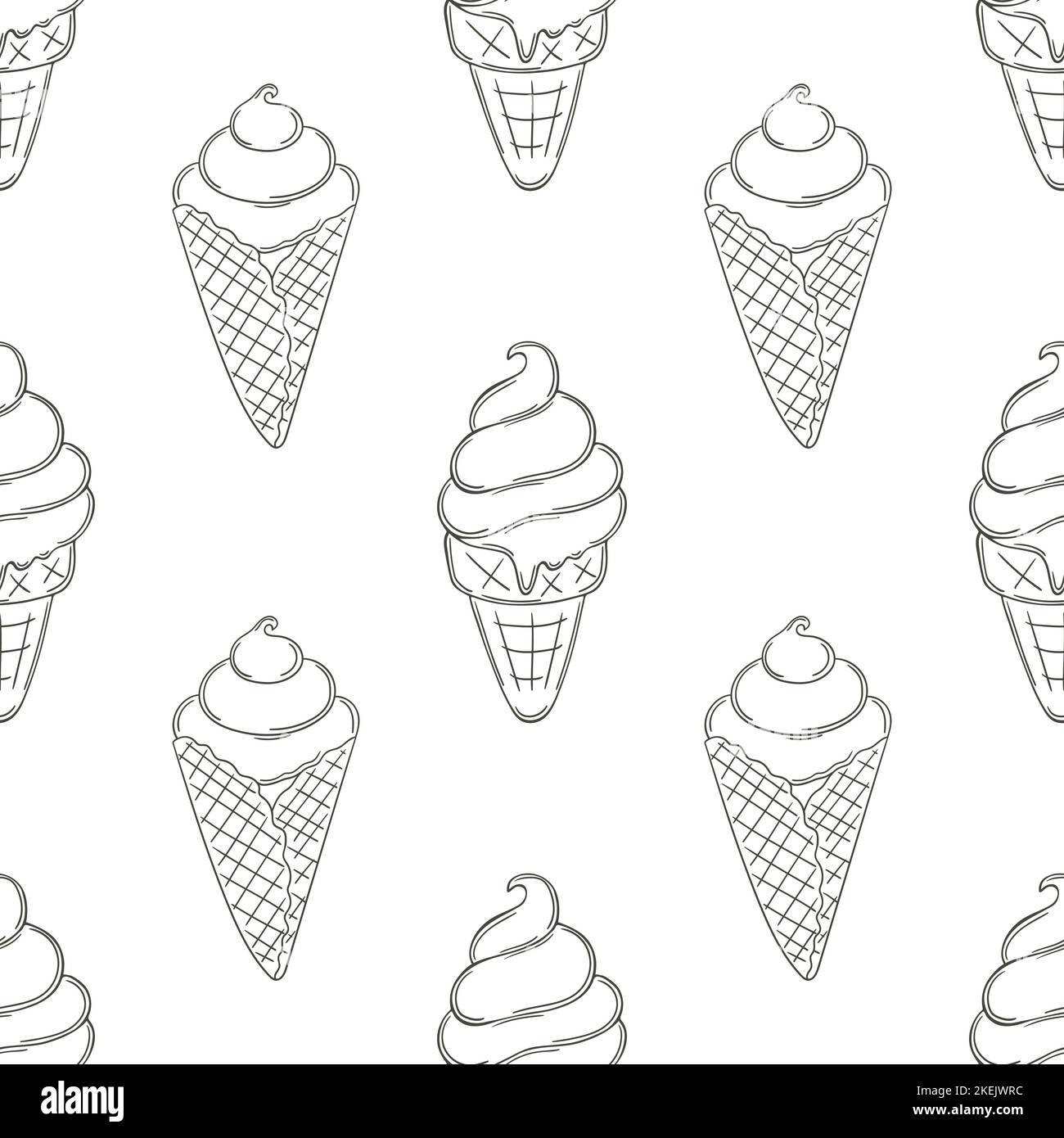 Coloring ice cream in waffle cones seamless pattern. Summer. Wonderful pattern with cold dessert. Print for design Stock Vector