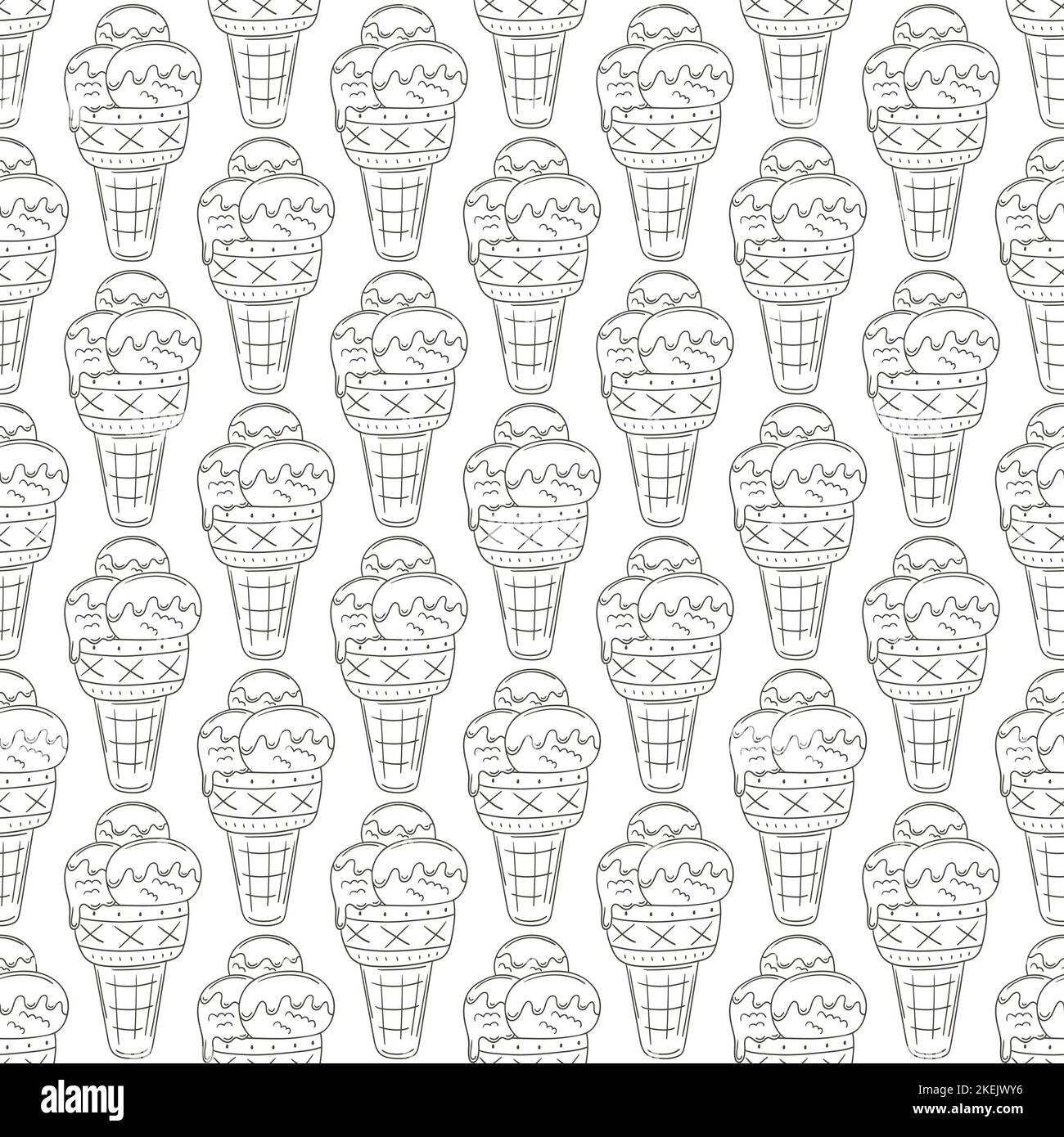 Coloring ice cream in waffle cones seamless pattern. Wonderful pattern with cold dessert. Summer. Print Stock Vector