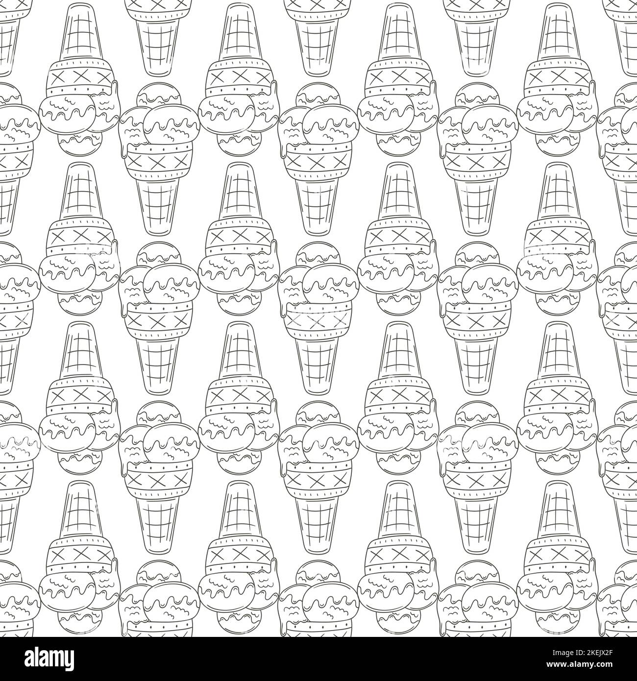 Coloring ice cream in waffle cones seamless pattern. Summer. Wonderful pattern with cold dessert. Print for cloth design, textile, fabric, wallpaper, Stock Vector