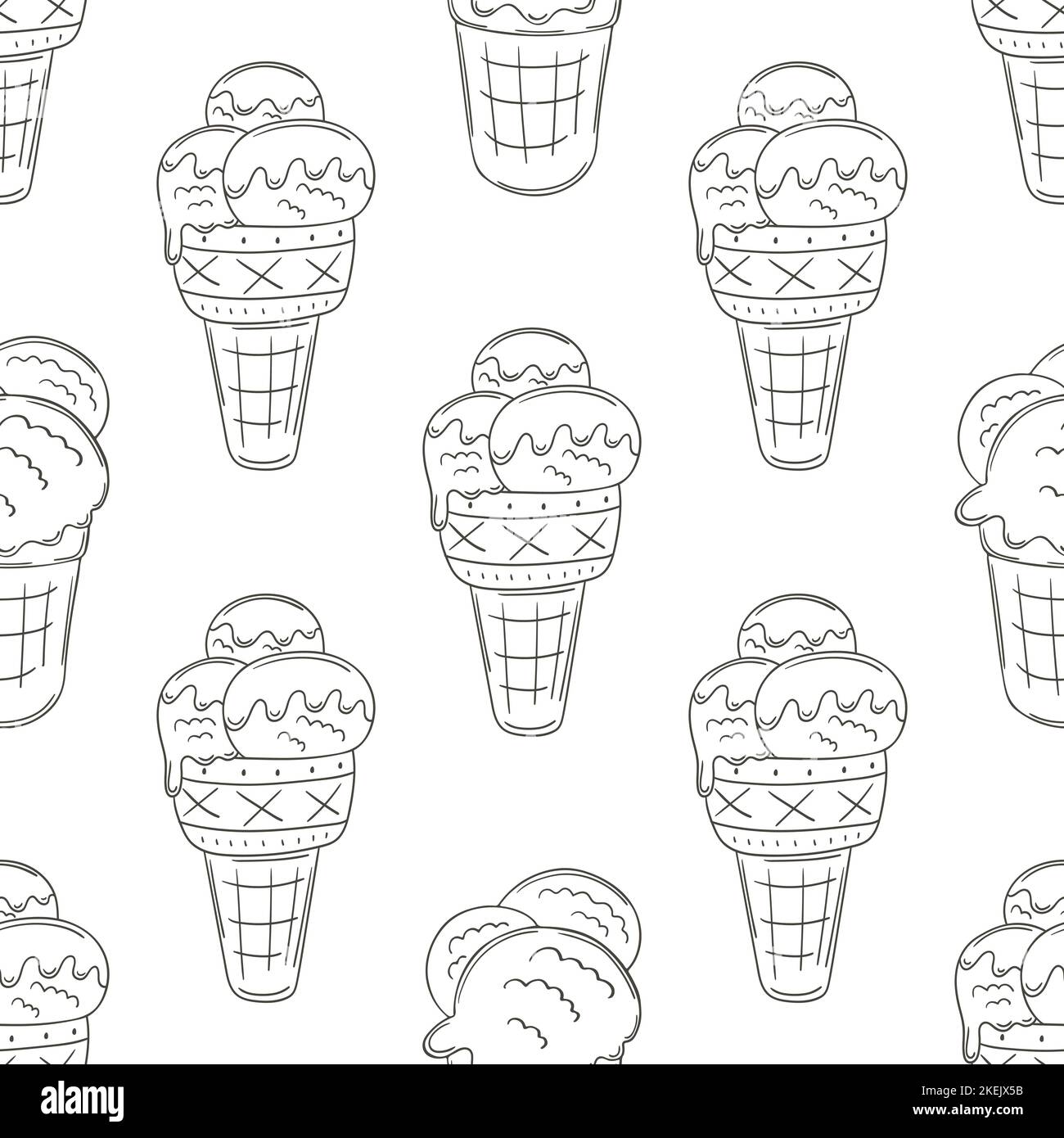 Coloring ice cream in waffle cones seamless pattern. Wonderful pattern with cold dessert. Summer. Print for cloth design, textile Stock Vector