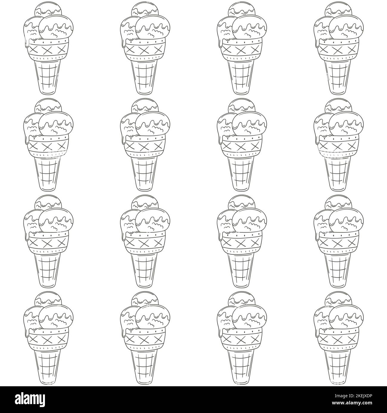 Coloring ice cream in waffle cones seamless pattern. Wonderful pattern with cold dessert. Summer. Print for cloth design, textile, fabric Stock Vector