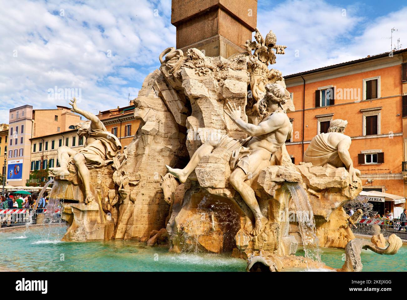Rome Lazio Italy. Fontana dei Quattro Fiumi (Fountain of the Four Rivers) is a fountain in the Piazza Navona. It was designed by Gian Lorenzo Bernini Stock Photo