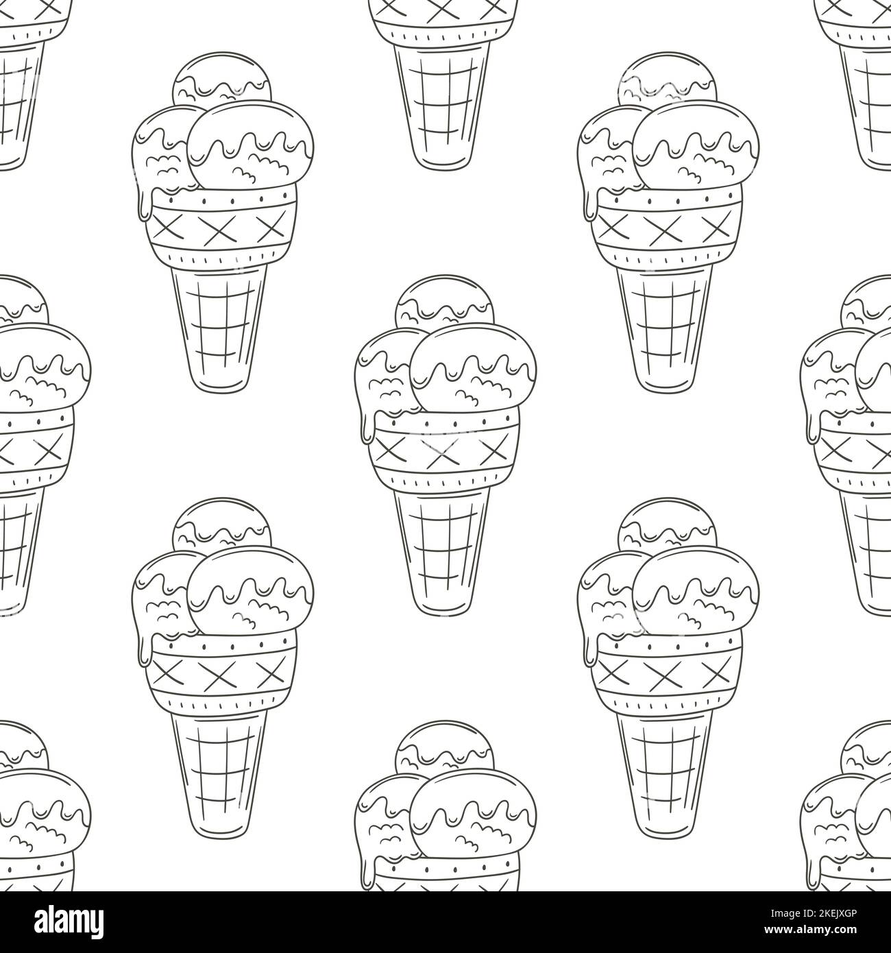 Coloring ice cream in waffle cones seamless pattern. Wonderful pattern with cold dessert. Summer. Print for cloth design, textile, fabric, wallpaper, Stock Vector