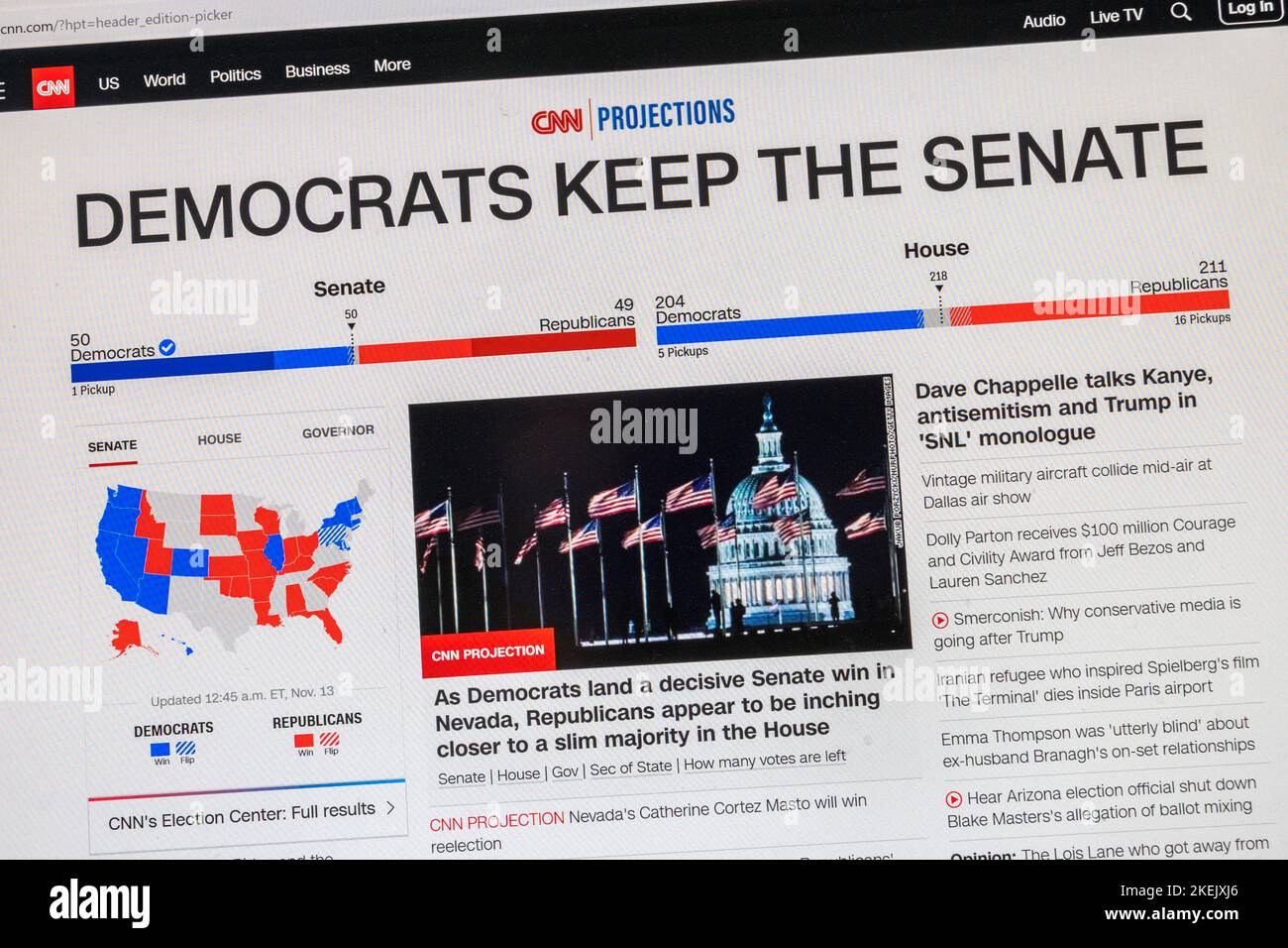 'Democrats Keep The Senate' CNN News on website with breaking news on 13th November 2022. Stock Photo