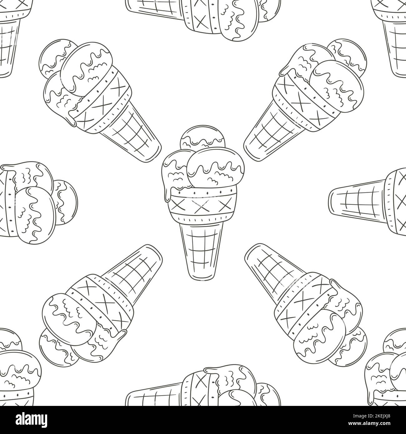 Coloring ice cream in waffle cones seamless pattern. Summer. Wonderful pattern with cold dessert. Print for cloth design, textile, fabric, wallpaper Stock Vector