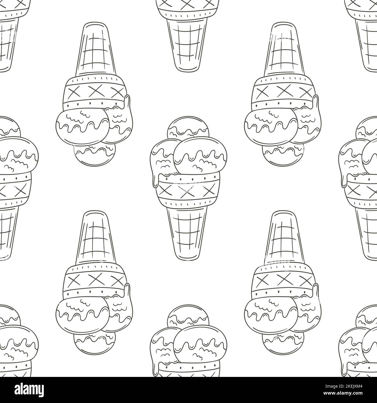 Coloring ice cream in waffle cones seamless pattern. Summer. Wonderful pattern with cold dessert. Print for cloth design, textile, fabric Stock Vector