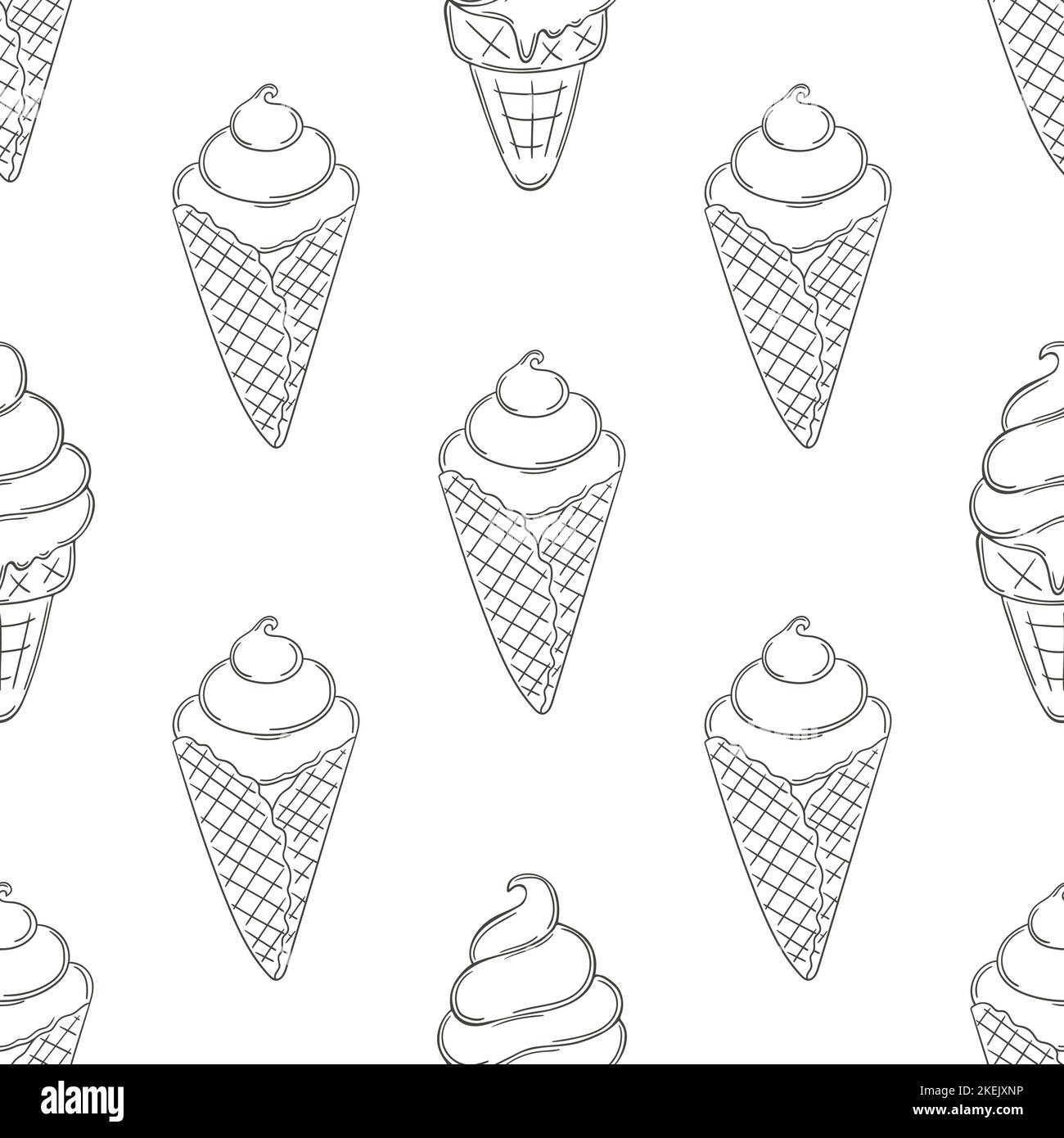 Coloring ice cream in waffle cones seamless pattern. Summer. Wonderful pattern with cold dessert. Print for cloth design Stock Vector