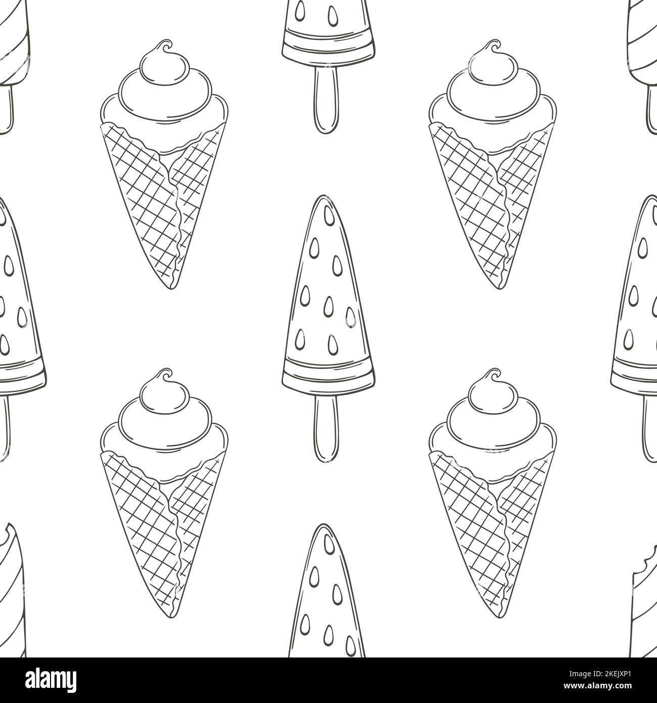 Coloring ice cream seamless pattern. Summer. Wonderful bright pattern with sweet watermelon dessert. Print for cloth design, textile, fabric, wallpape Stock Vector