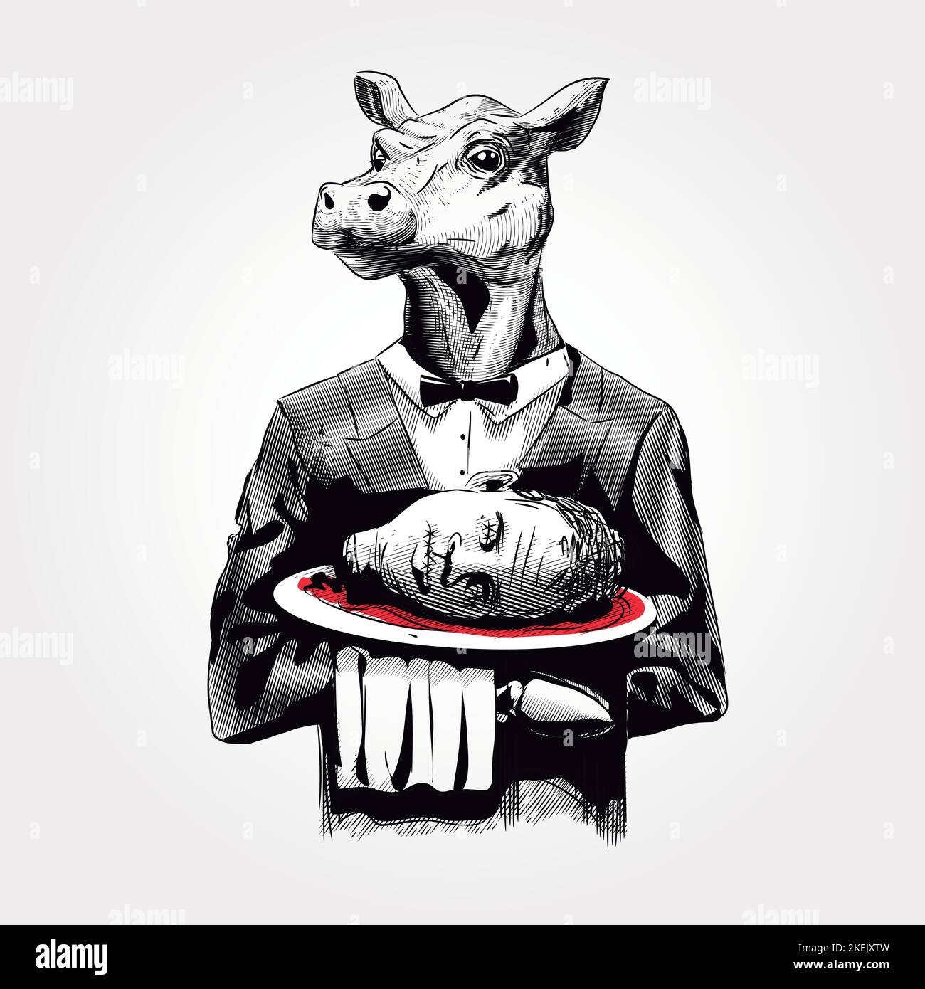 funny image with a bit of black humor, where we see a waitress cow serving a human head, ideal to give to our vegetarian or vegan friends, Stock Vector