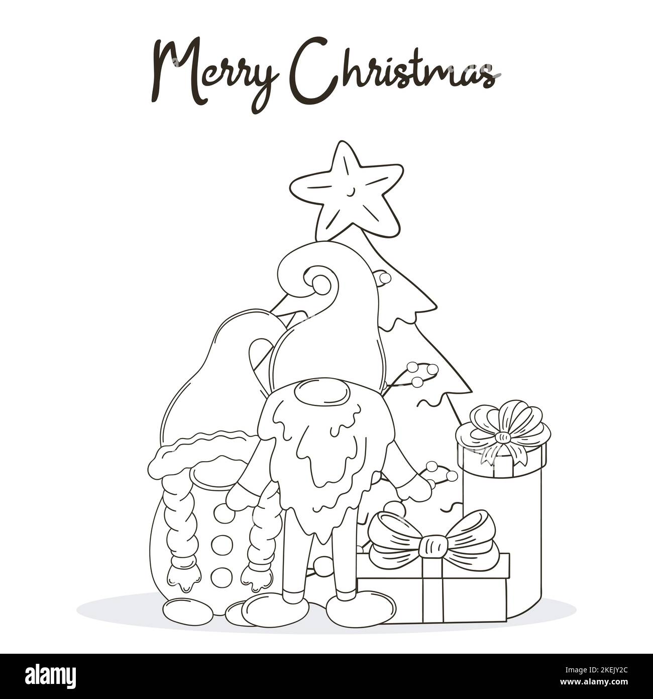 Two gnomes in Santa Claus hats, Christmas tree, gifts. Christmas card in handdrawn style. Coloring card Stock Vector