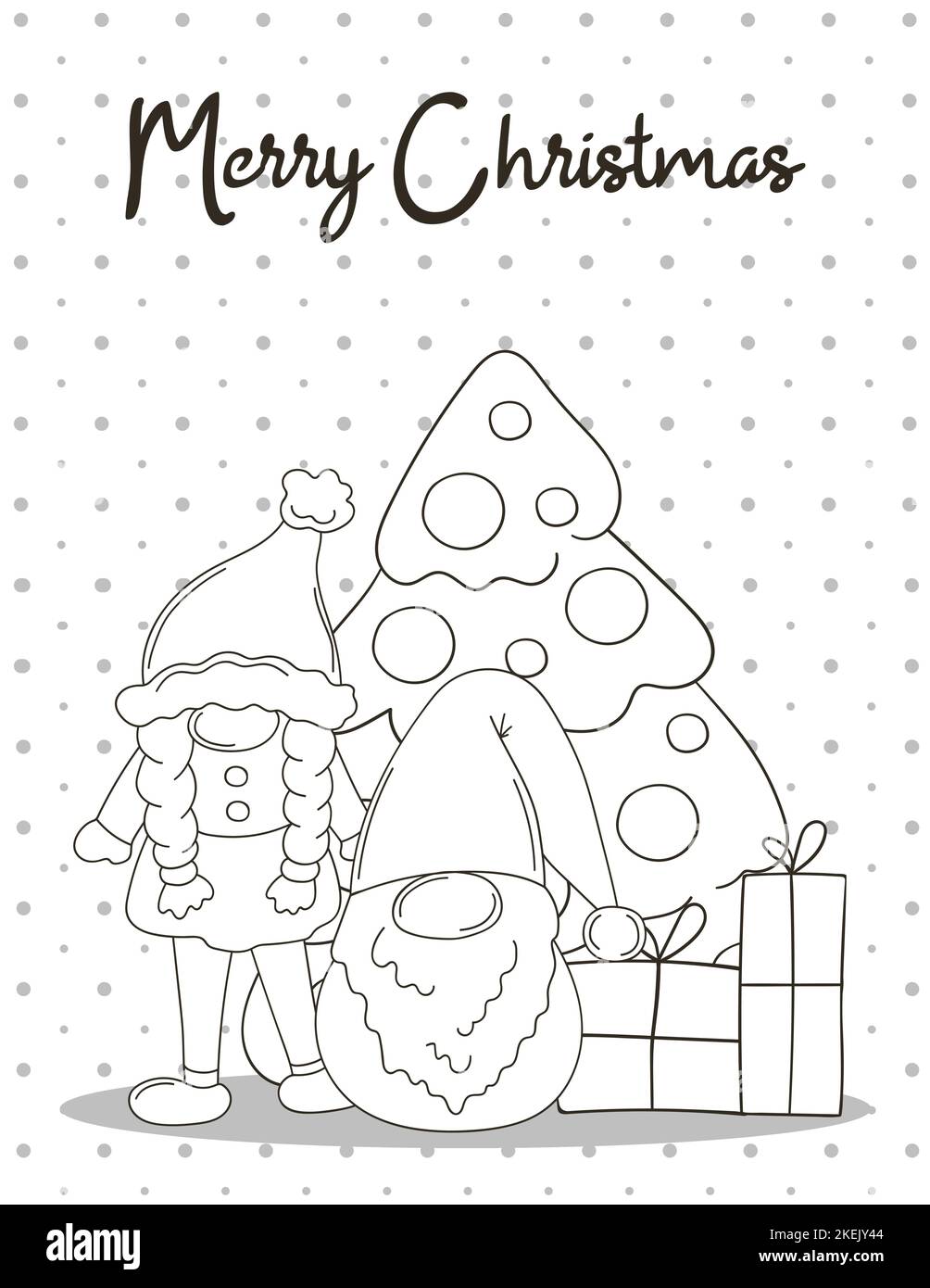 Two gnomes in Santa Claus hats, Christmas tree, gifts. Christmas card in handdrawn style. Coloring Stock Vector