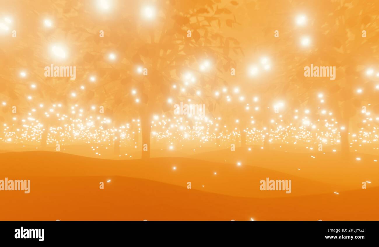 Colorful fairy forest with fireflies. 3D rendering. Stock Photo