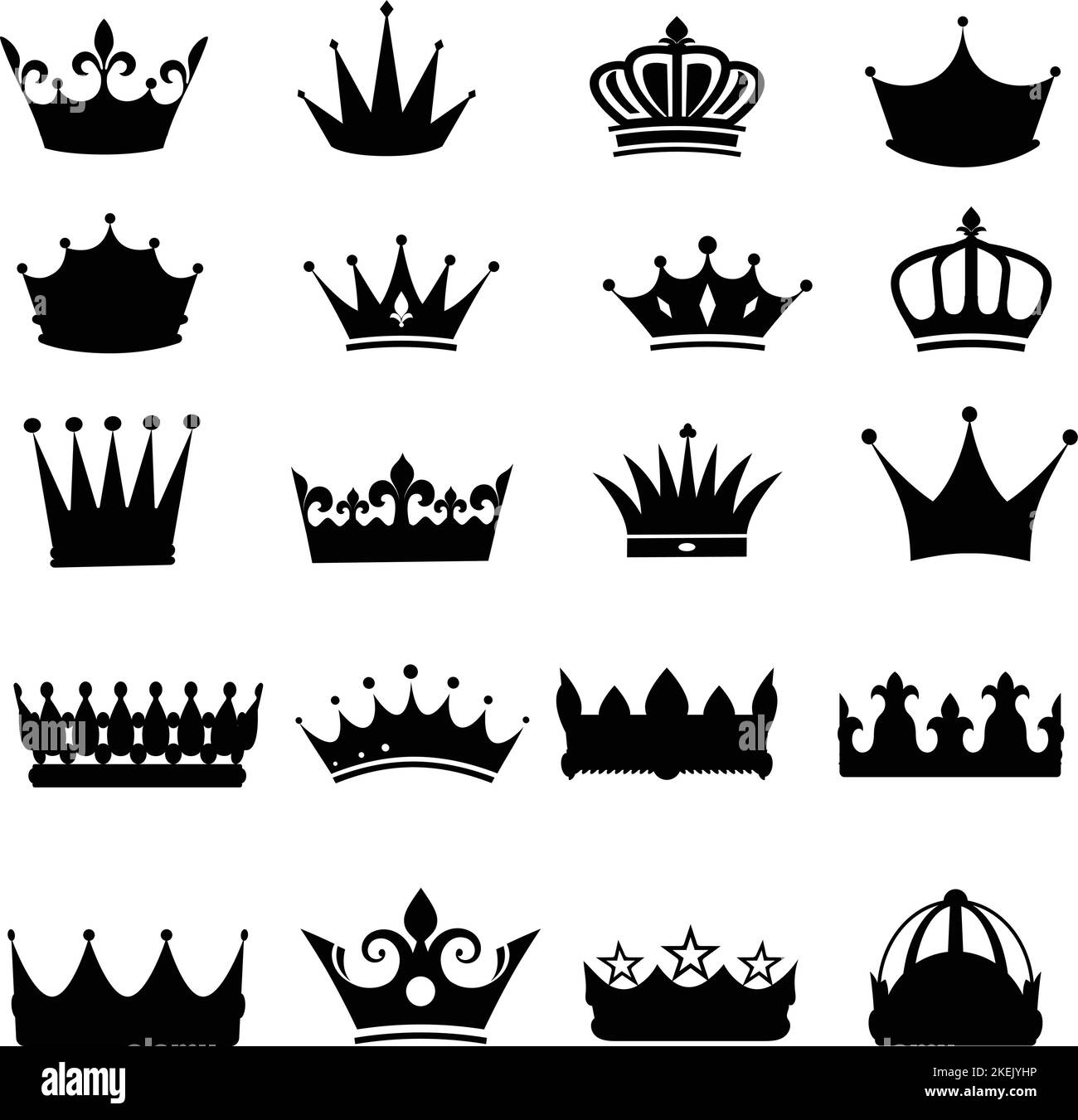 An illustration of different designs of crowns for a queen on a white ...