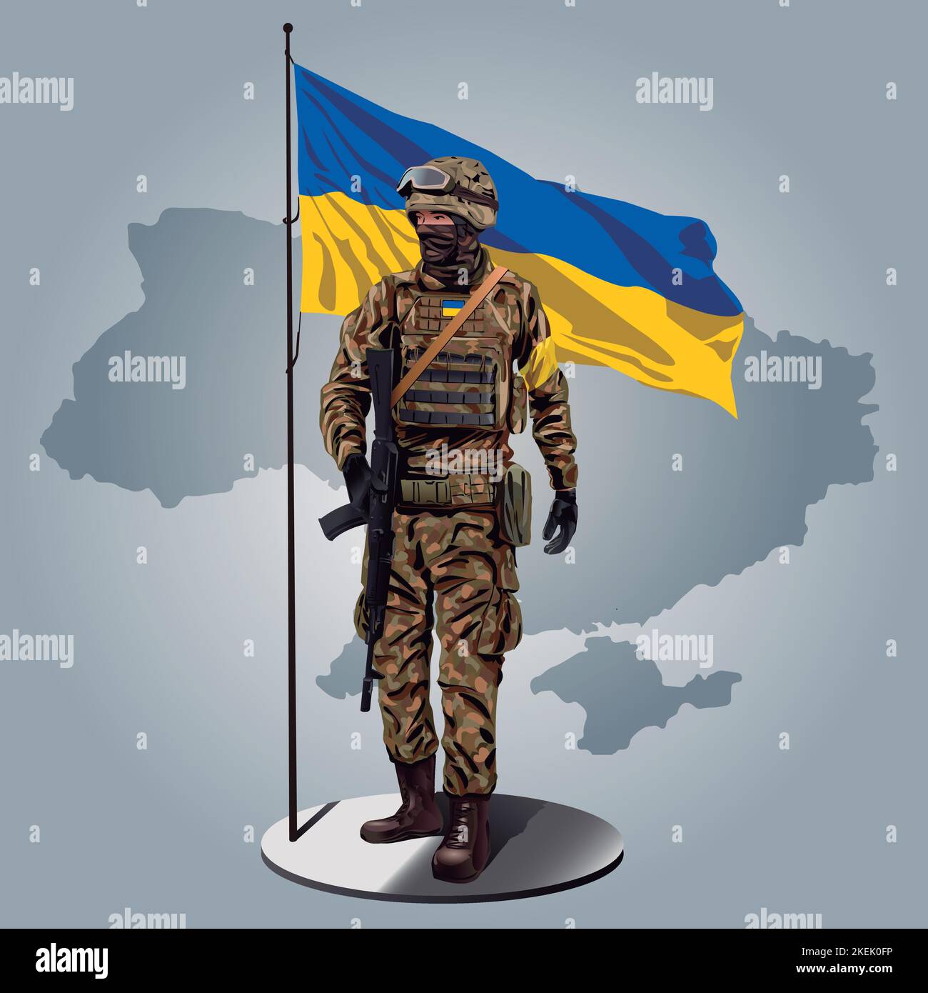 ukrainian soldier with ukrainian flag and map behind. Stock Vector
