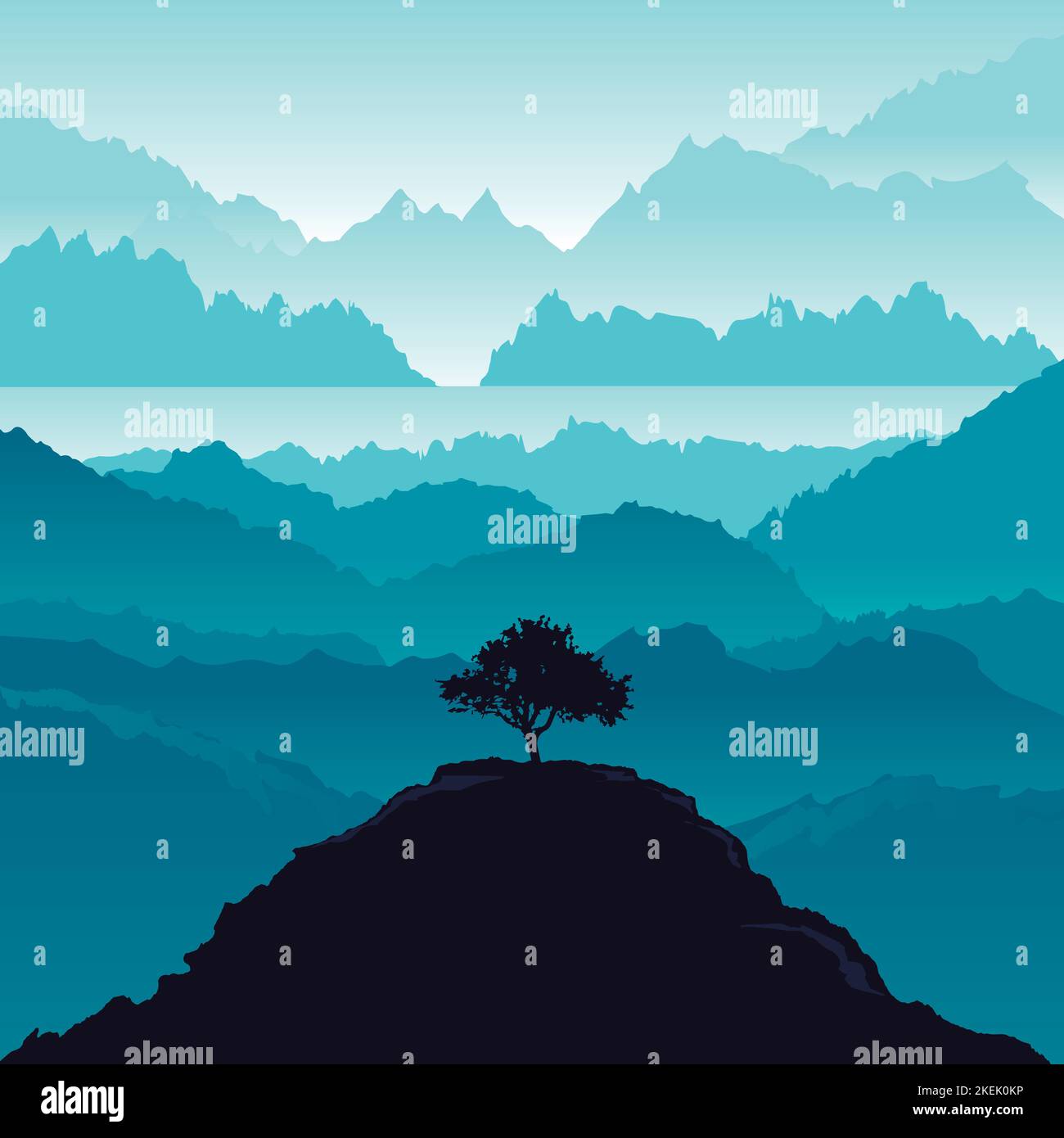 Tree of mountains, Tree and mountains silhouettes, hill station, moon and mountains, Blue And Purple Gradient Pictures, mountain station, in the backg Stock Vector