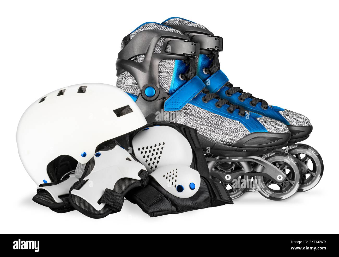 blue gray inline skates and white black skating saftey equipment like skate helmet wrist knee and elbow protector pads on isolated background Stock Photo