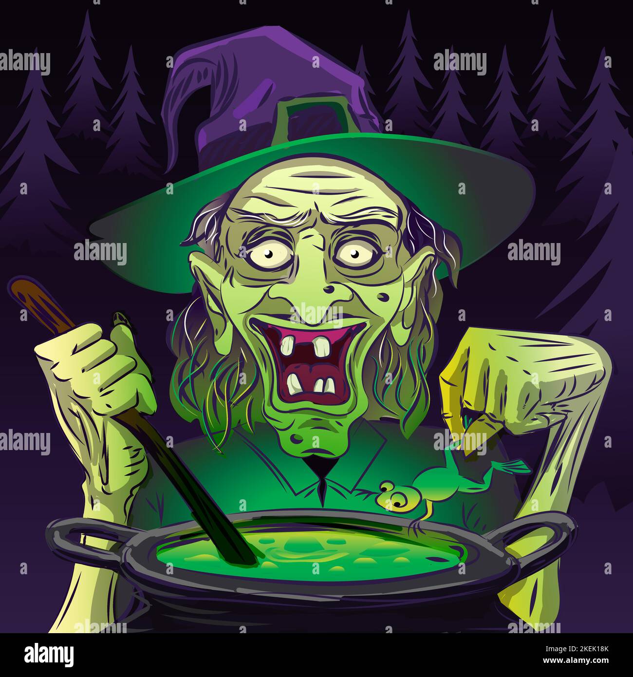Witch cooking for halloween. witchcraft. green face. Stock Vector